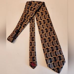 𝅺XMI Classic Designer Silk Tie, Handmade, Gold with black and bronze